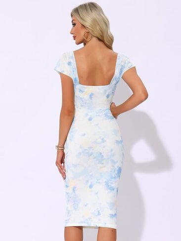 Allegra K Midi Ruched Dress for Women's Cocktail Bodycon Square Neck Printed Dresses in Saudi Arabia