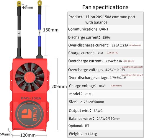 DALY Smart BMS Li-ion 20S 72V 150A with Programmable Bluetooth Module and Common Port Cooling Fan in Saudi Arabia