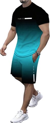 Men's 2 Piece Outfits Letter Print Short Sleeve T Shirts and Drawstring Waist Shorts Tracksuits in Saudi Arabia