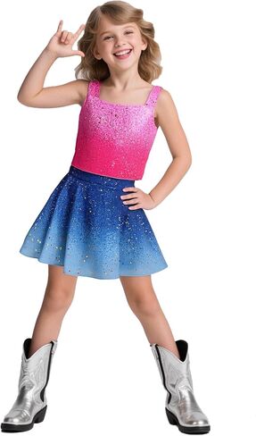 Girls Sparkly 2 Pieces Outfit Kids Crop Top and Skirt Set Music Party Costume Birthday Gift in Kuwait