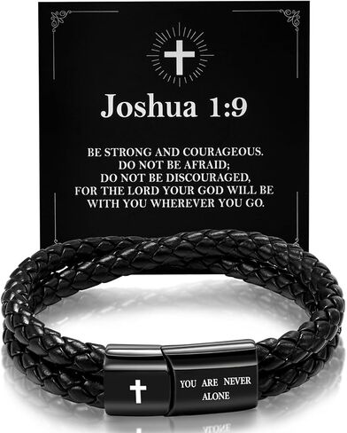 Leather Cross Bracelet for Men Christian Bible Verse Black Stainless Steel Bracelet, Inspirational Birthday Christian Graduation Gifts Ideas for Soulmate Boyfriend Man Dad Husband Grandson Son in Kuwait