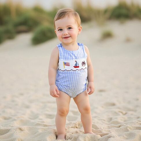 Kuriozud Unisex Newborn Baby Boy Girl Summer Clothes Plaid Sleeveless Bubble Romper Jumpsuit Overall Shorts Infant Clothing in Kuwait
