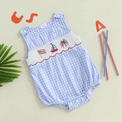 Kuriozud Unisex Newborn Baby Boy Girl Summer Clothes Plaid Sleeveless Bubble Romper Jumpsuit Overall Shorts Infant Clothing in Kuwait