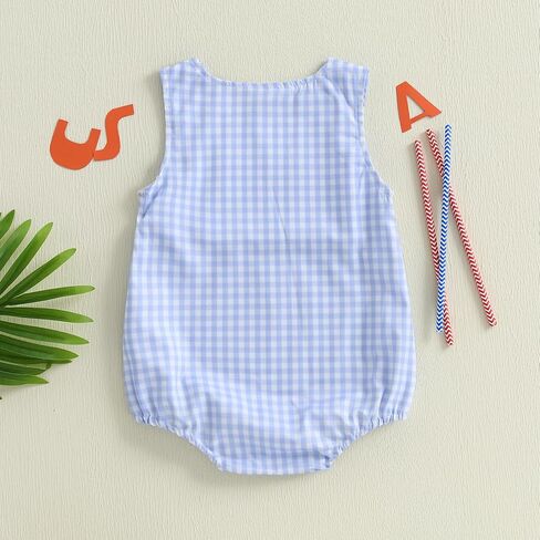 Kuriozud Unisex Newborn Baby Boy Girl Summer Clothes Plaid Sleeveless Bubble Romper Jumpsuit Overall Shorts Infant Clothing in Kuwait