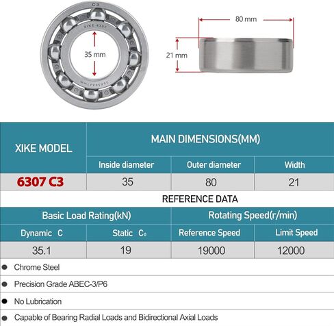XiKe 2pcs 6306-C3 Deep Groove Ball Bearing ID 30 x OD 72 x Width 19mm,Open Style Seal with Clearance C3,Used for Low-power Electric Motors,Automobile and Tractor Gearboxes,General Machines, Tools, Etc in Saudi Arabia