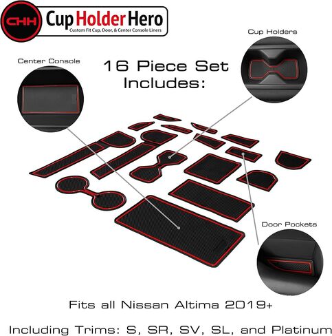 يناسب Cupholderhoero مع ملحقات Nissan Altima 2019-2024 مخصصة مخصصة غير قابلة للانزلاق لمكافحة كأس الغبار ، حصير بطانة وحدة التحكم المركزية ، بطانات جيب الأبواب 16 مساءً (حمراء الحافة) in Kuwait