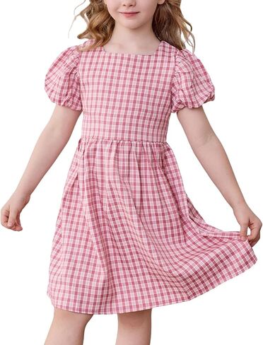 Little Bitty Toddler Girls Plaid Dress Checkered Puffy Short Sleeve Gingham Spring Summer Party Holidays Dresses Size 2T-6T in Saudi Arabia