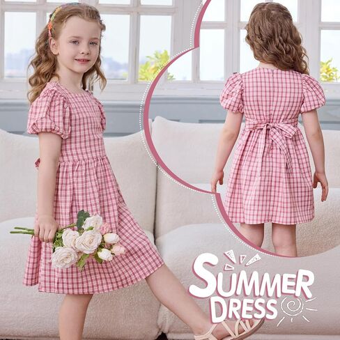 Little Bitty Toddler Girls Plaid Dress Checkered Puffy Short Sleeve Gingham Spring Summer Party Holidays Dresses Size 2T-6T in Saudi Arabia