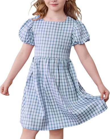 Little Bitty Toddler Girls Plaid Dress Checkered Puffy Short Sleeve Gingham Spring Summer Party Holidays Dresses Size 2T-6T in Saudi Arabia
