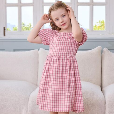 Little Bitty Toddler Girls Plaid Dress Checkered Puffy Short Sleeve Gingham Spring Summer Party Holidays Dresses Size 2T-6T in Saudi Arabia