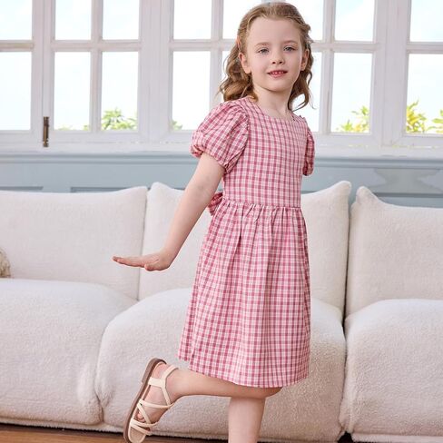 Little Bitty Toddler Girls Plaid Dress Checkered Puffy Short Sleeve Gingham Spring Summer Party Holidays Dresses Size 2T-6T in Saudi Arabia