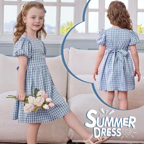 Little Bitty Toddler Girls Plaid Dress Checkered Puffy Short Sleeve Gingham Spring Summer Party Holidays Dresses Size 2T-6T in Saudi Arabia