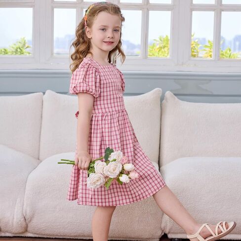 Little Bitty Toddler Girls Plaid Dress Checkered Puffy Short Sleeve Gingham Spring Summer Party Holidays Dresses Size 2T-6T in Saudi Arabia