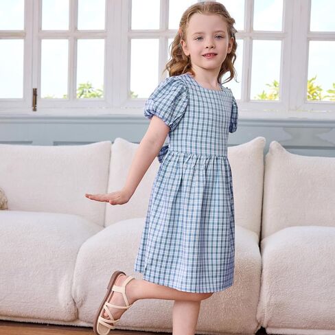 Little Bitty Toddler Girls Plaid Dress Checkered Puffy Short Sleeve Gingham Spring Summer Party Holidays Dresses Size 2T-6T in Saudi Arabia