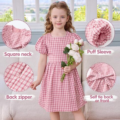 Little Bitty Toddler Girls Plaid Dress Checkered Puffy Short Sleeve Gingham Spring Summer Party Holidays Dresses Size 2T-6T in Saudi Arabia