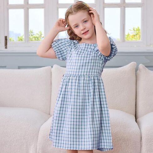 Little Bitty Toddler Girls Plaid Dress Checkered Puffy Short Sleeve Gingham Spring Summer Party Holidays Dresses Size 2T-6T in Saudi Arabia