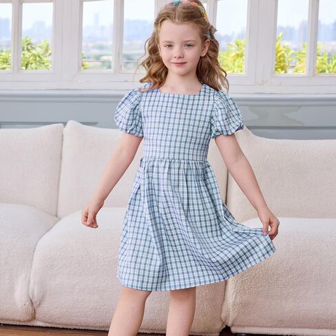 Little Bitty Toddler Girls Plaid Dress Checkered Puffy Short Sleeve Gingham Spring Summer Party Holidays Dresses Size 2T-6T in Saudi Arabia