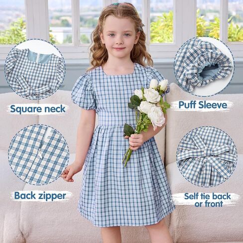 Little Bitty Toddler Girls Plaid Dress Checkered Puffy Short Sleeve Gingham Spring Summer Party Holidays Dresses Size 2T-6T in Saudi Arabia
