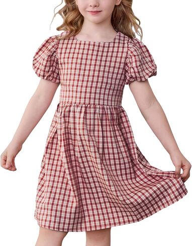 Little Bitty Toddler Girls Plaid Dress Checkered Puffy Short Sleeve Gingham Spring Summer Party Holidays Dresses Size 2T-6T in Saudi Arabia