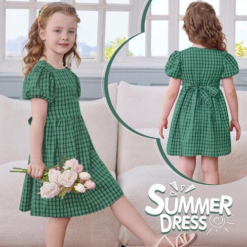 Little Bitty Toddler Girls Plaid Dress Checkered Puffy Short Sleeve Gingham Spring Summer Party Holidays Dresses Size 2T-6T in Kuwait