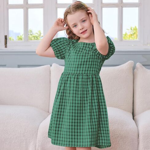 Little Bitty Toddler Girls Plaid Dress Checkered Puffy Short Sleeve Gingham Spring Summer Party Holidays Dresses Size 2T-6T in Kuwait