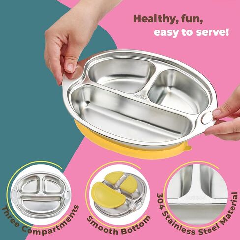 Stainless Steel Baby Plate with Suction & Lid - Non-Toxic, 3 Divided Kids Plates for Easy Portions - Durable Dinnerware for Babies and Toddlers & Mess-Free Mealtime (Pink) in Saudi Arabia