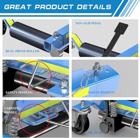 سيارة Dolly Jack 2 ، مقبس Dolly ميكانيكي سعة 1500 رطل مع دواسة القدم وبكرات فولاذية ، مقبس عجلة سيارة تزلج من نوع Ratchet مع شريط عاكس ، لمواقع رفع السيارة ، الأزرق in Kuwait