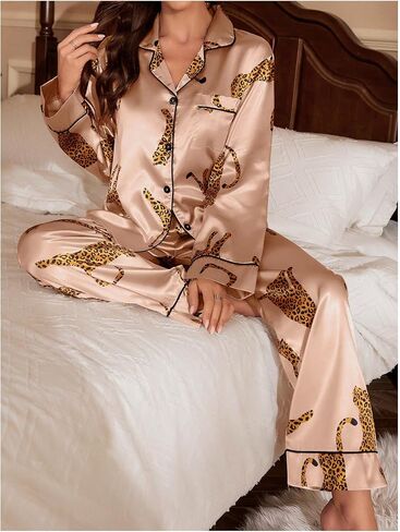 SOLY HUX WOMIN'S LEOPARD PRINT SILK SATIN PAJAMA in Saudi Arabia