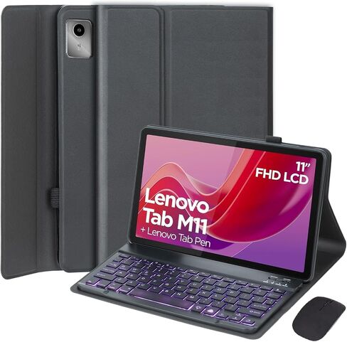 حافظة لوحة المفاتيح لجهاز Lenovo Tab M11 مقاس 11 بوصة موديل 2024 (TB330FU/TB330XU) مع لوحة مفاتيح بلوتوث لاسلكية قابلة للفصل بإضاءة خلفية بـ 7 ألوان وحقيبة رفيعة للغاية متعددة الزوايا (مع ماوس) in Kuwait