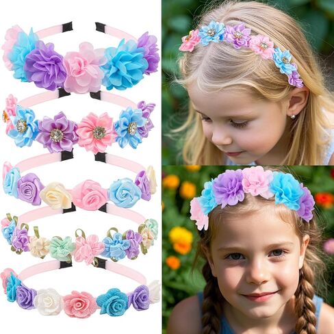 XIMA Pastel Floral Headbands for Girls,Chiffon Rose Hair Accessories with Rhinestones Flowers Hairbands for Toddlers Teens Childrens Kids Women Pack of 5 in Kuwait