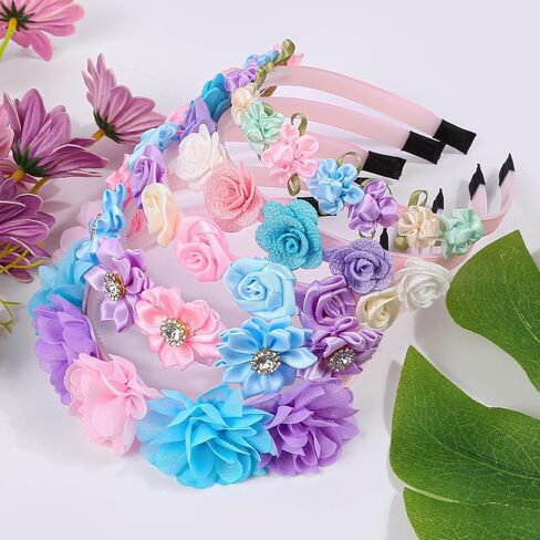 XIMA Pastel Floral Headbands for Girls,Chiffon Rose Hair Accessories with Rhinestones Flowers Hairbands for Toddlers Teens Childrens Kids Women Pack of 5 in Kuwait