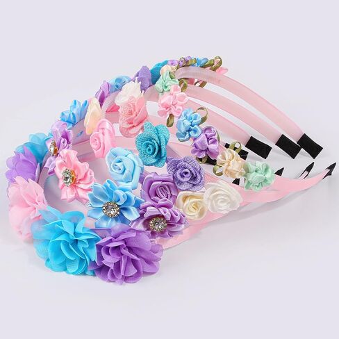 XIMA Pastel Floral Headbands for Girls,Chiffon Rose Hair Accessories with Rhinestones Flowers Hairbands for Toddlers Teens Childrens Kids Women Pack of 5 in Kuwait