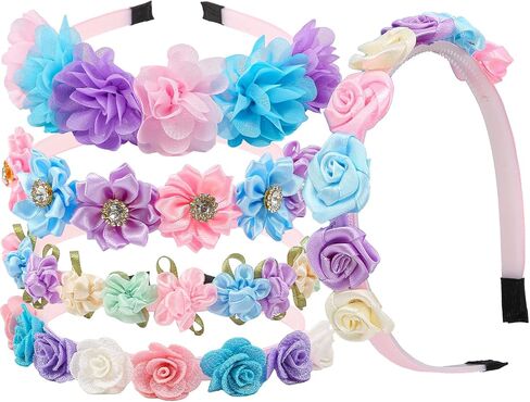 XIMA Pastel Floral Headbands for Girls,Chiffon Rose Hair Accessories with Rhinestones Flowers Hairbands for Toddlers Teens Childrens Kids Women Pack of 5 in Kuwait