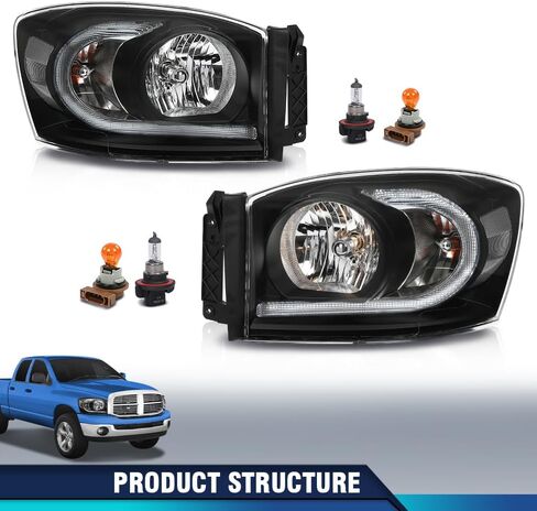 PIT66 المصابيح الأمامية مجموعة ث/مصابيح وشريط ضوء LED متوافق مع Dodge RAM 1500 2006 2007 2008 ، FIT DODGE RAM 2500 3500 2006 2007 2008 in Kuwait