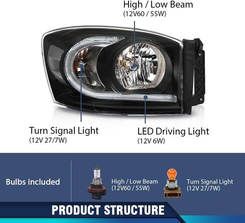 PIT66 المصابيح الأمامية مجموعة ث/مصابيح وشريط ضوء LED متوافق مع Dodge RAM 1500 2006 2007 2008 ، FIT DODGE RAM 2500 3500 2006 2007 2008 in Kuwait