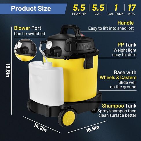 Wet Dry Shop Vac Carpet Cleaner, 6 Gallon Wet Dry Carpet Vacuum Cleaner, 5.5 Peak HP Shop Vac, 4 in 1 Portable Shop Vacuum for Home and Shop, For Cleaning Carpet, Floor, Upholstery, Gap, Car in Saudi Arabia