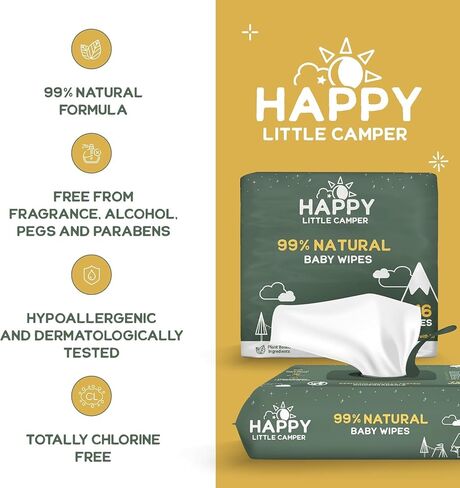 Happy Little Camper 99% Natural Baby Wipes with Aloe Vera, Chamomile, and Pomegranate Extracts, Chlorine-Free, Unscented, Biodegradable, Gentle, Hypoallergenic and Dermatologically Tested,864 Count in Saudi Arabia
