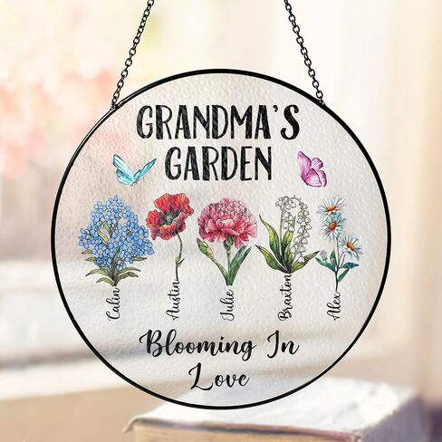 Personalized First Mom Now Grandma Birth Flower Stained Glass Suncatcher, Custom Birth Month Flowers with Kid's Name Glass Suncatcher, Flower Art Mom, Grandma Gifts for Mother's Day in Kuwait