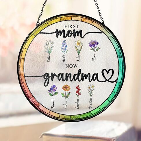 Personalized First Mom Now Grandma Birth Flower Stained Glass Suncatcher, Custom Birth Month Flowers with Kid's Name Glass Suncatcher, Flower Art Mom, Grandma Gifts for Mother's Day in Saudi Arabia