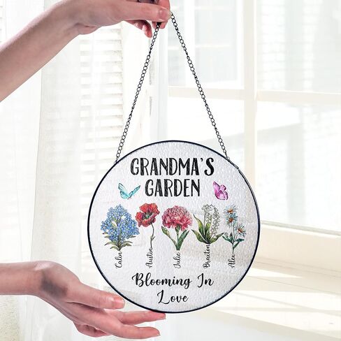 Personalized First Mom Now Grandma Birth Flower Stained Glass Suncatcher, Custom Birth Month Flowers with Kid's Name Glass Suncatcher, Flower Art Mom, Grandma Gifts for Mother's Day in Kuwait