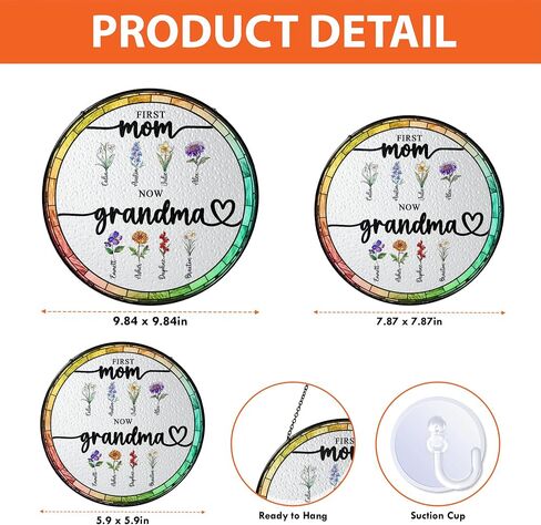 Personalized First Mom Now Grandma Birth Flower Stained Glass Suncatcher, Custom Birth Month Flowers with Kid's Name Glass Suncatcher, Flower Art Mom, Grandma Gifts for Mother's Day in Saudi Arabia
