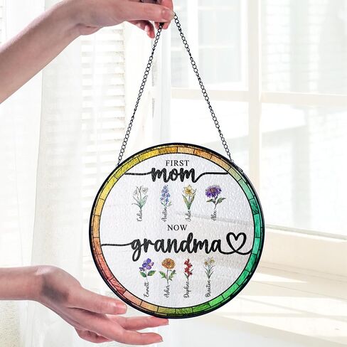 Personalized First Mom Now Grandma Birth Flower Stained Glass Suncatcher, Custom Birth Month Flowers with Kid's Name Glass Suncatcher, Flower Art Mom, Grandma Gifts for Mother's Day in Saudi Arabia