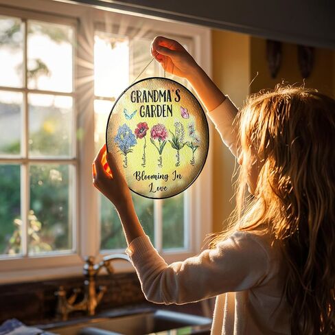 Personalized First Mom Now Grandma Birth Flower Stained Glass Suncatcher, Custom Birth Month Flowers with Kid's Name Glass Suncatcher, Flower Art Mom, Grandma Gifts for Mother's Day in Kuwait