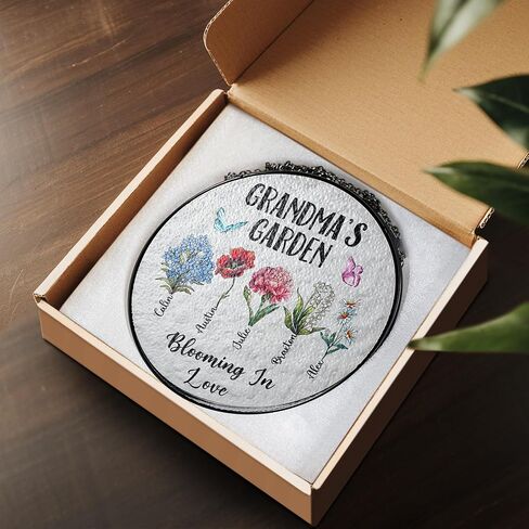 Personalized First Mom Now Grandma Birth Flower Stained Glass Suncatcher, Custom Birth Month Flowers with Kid's Name Glass Suncatcher, Flower Art Mom, Grandma Gifts for Mother's Day in Kuwait