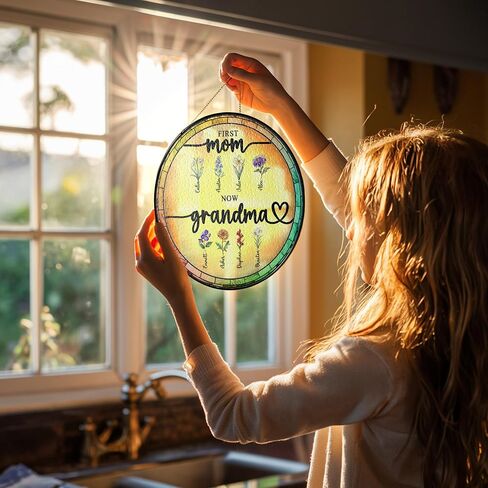 Personalized First Mom Now Grandma Birth Flower Stained Glass Suncatcher, Custom Birth Month Flowers with Kid's Name Glass Suncatcher, Flower Art Mom, Grandma Gifts for Mother's Day in Saudi Arabia