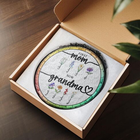 Personalized First Mom Now Grandma Birth Flower Stained Glass Suncatcher, Custom Birth Month Flowers with Kid's Name Glass Suncatcher, Flower Art Mom, Grandma Gifts for Mother's Day in Saudi Arabia