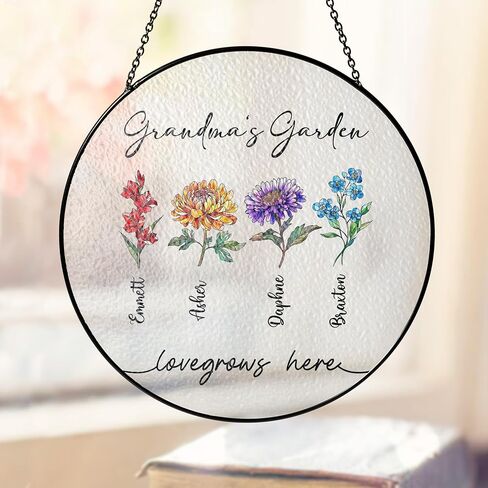 Personalized First Mom Now Grandma Birth Flower Stained Glass Suncatcher, Custom Birth Month Flowers with Kid's Name Glass Suncatcher, Flower Art Mom, Grandma Gifts for Mother's Day in Saudi Arabia