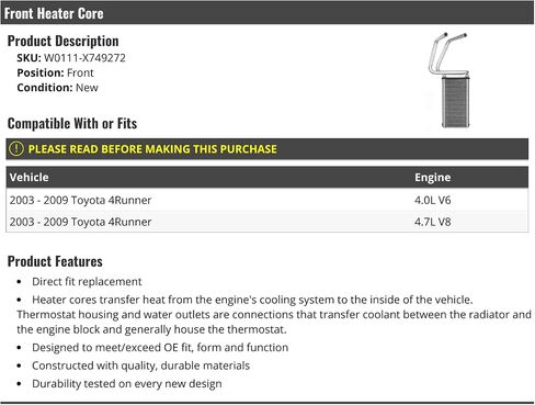 Front Heater Core - Compatible with 2003-2009 Toyota 4Runner in Saudi Arabia