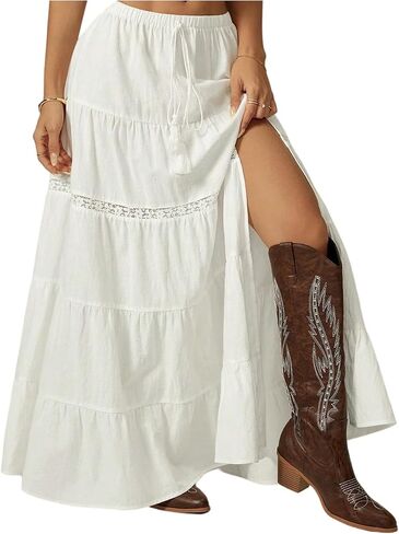 SHENHE Women's Plaid Maxi Skirt High Slit A Line Flowy Tiered Ruffle Y2k Vintage Long Skirt in Saudi Arabia
