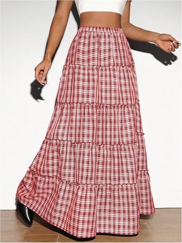 SHENHE Women's Plaid Maxi Skirt High Slit A Line Flowy Tiered Ruffle Y2k Vintage Long Skirt in Saudi Arabia